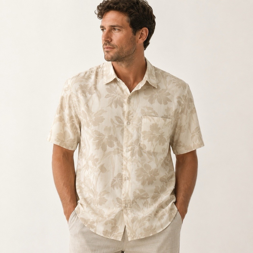 Algo 01 Subtle Floral Button Up Shirt Rip Stop  Rey Resort Mens Medium Beige